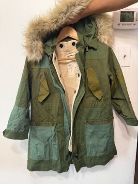 ZARA GIRLS - SZ 8-9 Olive Green Patchwork Parka with Faux Fur Hood
